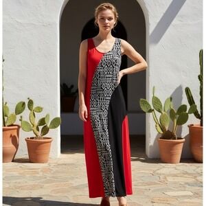 Chico's Red Black White Geometric-Panel Maxi Dress
